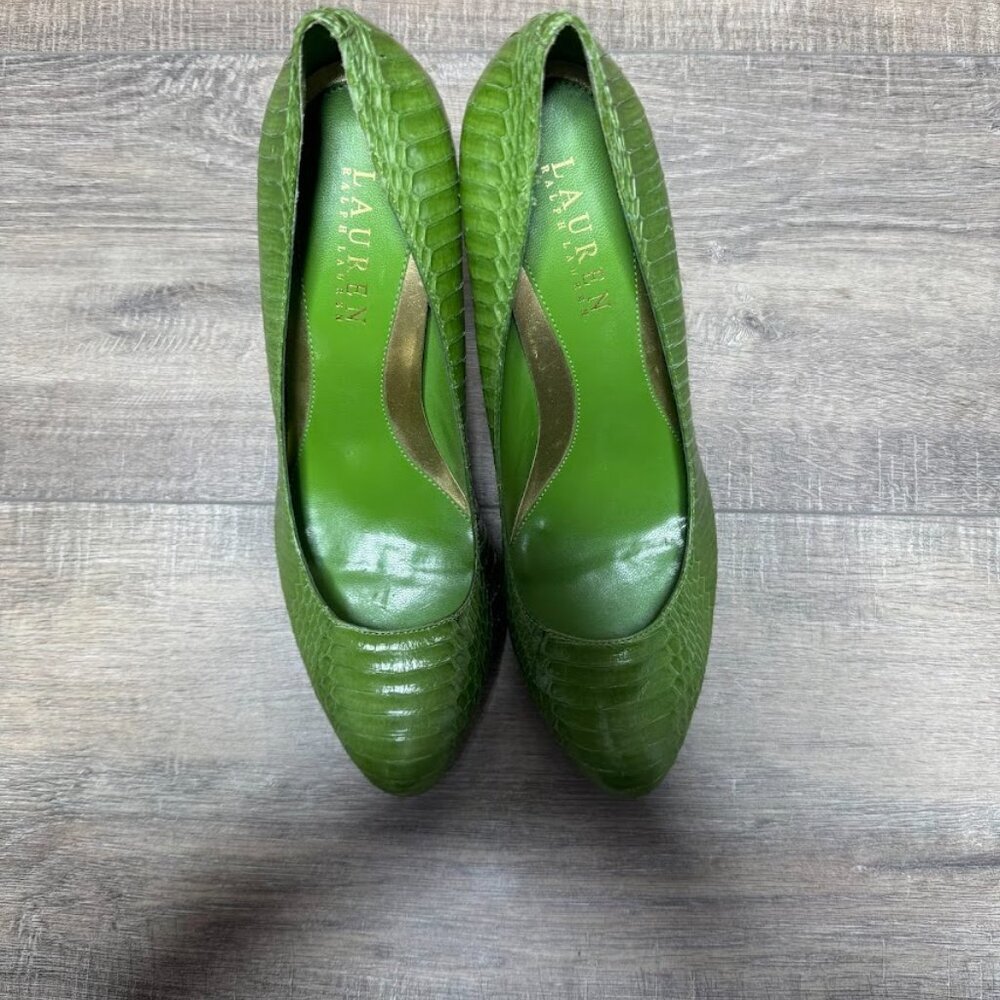 Ralph Lauren Kailee Lime Green Leather Snake Skin Embossed Pumps Women's Size 7 - Picture 2 of 7